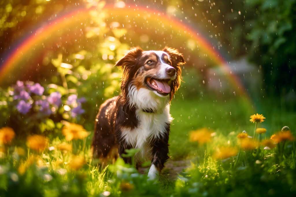 Ein Hund steht im Sonnenlicht auf einer blühenden Wiese, über ihm ist ein Regenbogen