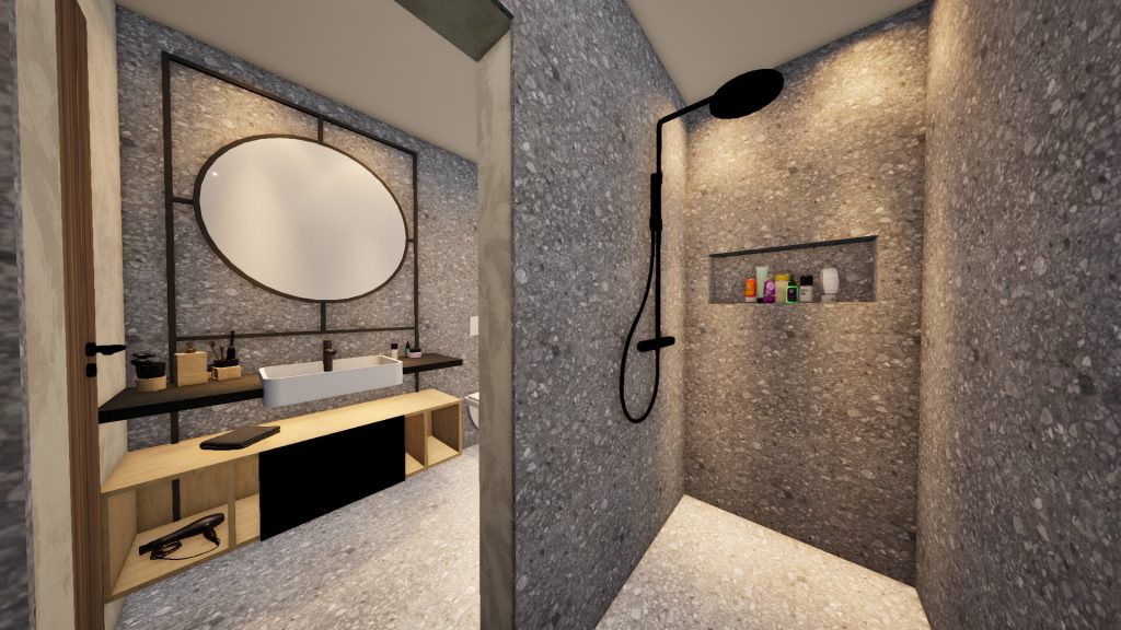Das Bad der Suite Auszeit hat eine große, ebenerdige Dusche