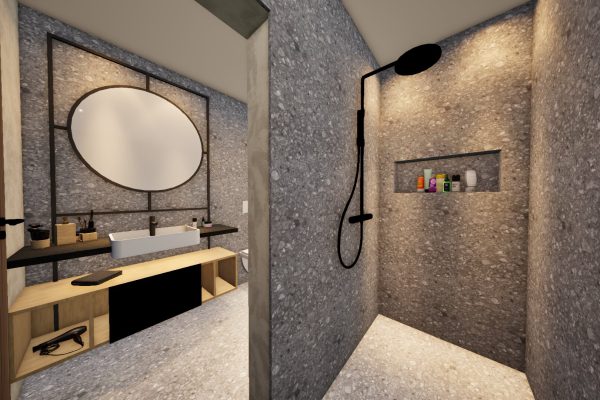 Das Bad der Suite Auszeit hat eine große, ebenerdige Dusche