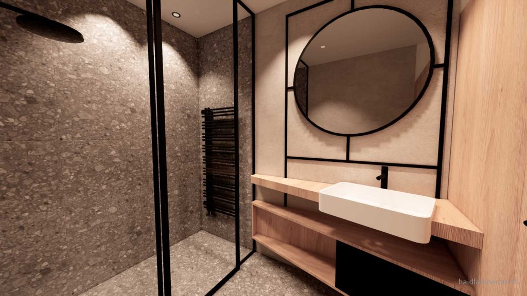 3D-Rendering des Bades vom Doppelzimmer Deluxe, Blick auf Dusche und Waschbecken aus leichter Schräge