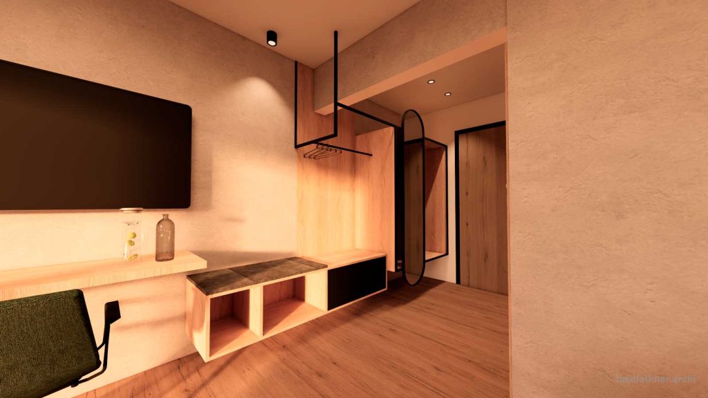 3D-Rendering des Doppelzimmers Deluxe mit Balkon, Blick auf Eingangsbereich mit Flatscreen und Garderobe aus leichter Schräge