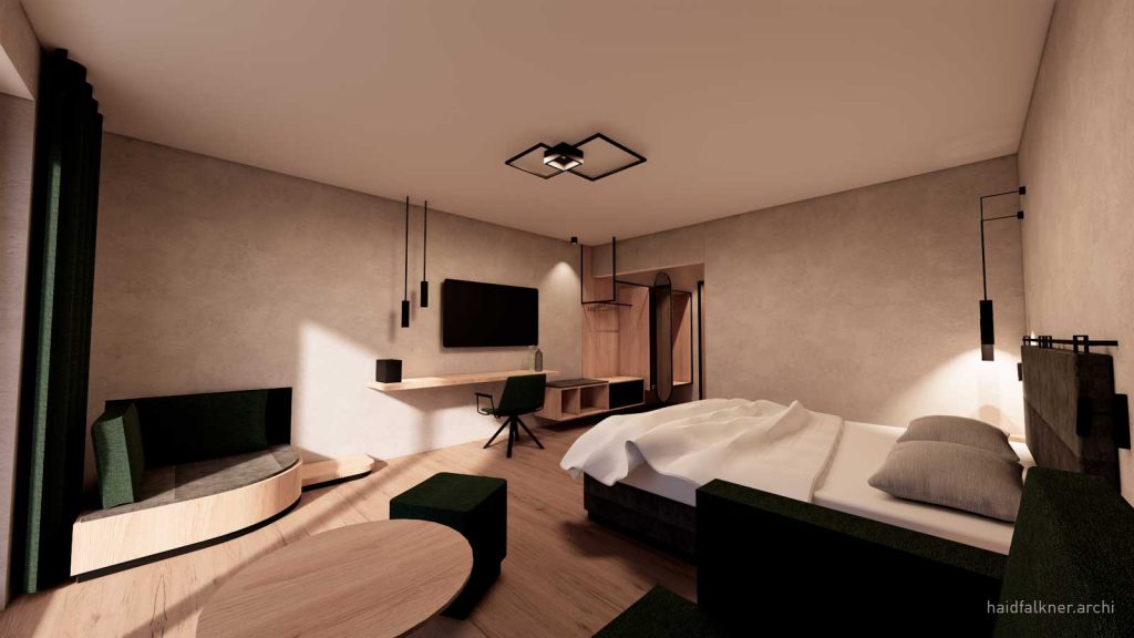 3D-Rendering des Doppelzimmers Deluxe mit Balkon und großem Doppelbett, Blick auf den Raum und den Eingangsbereich aus leichter Schräge
