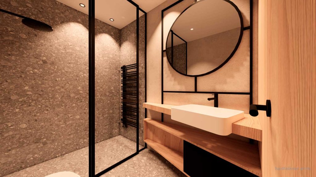 3D-Rendering des Bades vom Doppelzimmer Deluxe, Blick auf Dusche und Waschbecken aus leichter Schräge