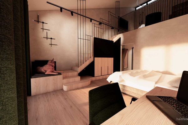 Modernes Galeriezimmer mit gemütlicher Atmosphäre – mit Holztreppe, Doppelbett und entspanntem Hund im Eingangsbereich