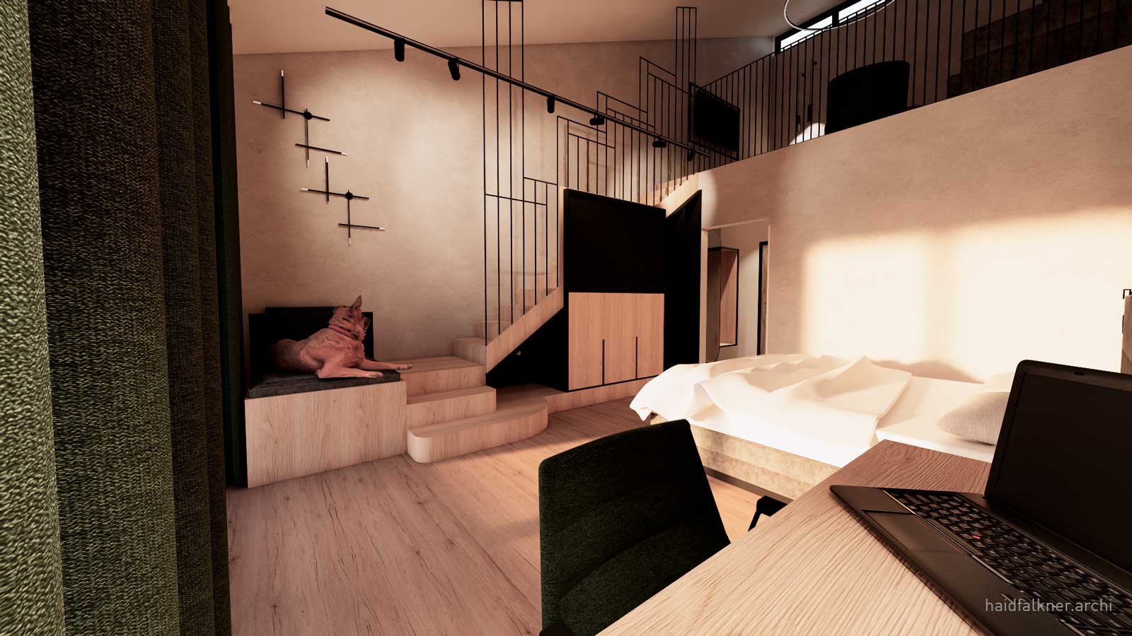 Modernes Galeriezimmer mit gemütlicher Atmosphäre – mit Holztreppe, Doppelbett und entspanntem Hund im Eingangsbereich