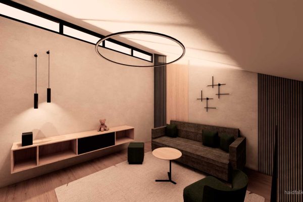 Modernes Galeriezimmer mit gemütlicher Atmosphäre Wohnbereich mit Oberlichten