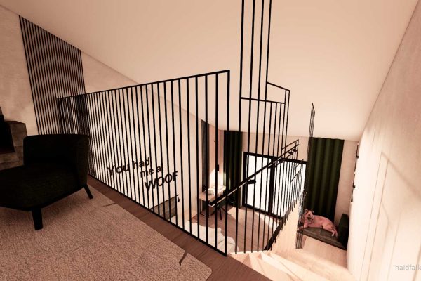 Modernes Galeriezimmer mit gemütlicher Atmosphäre – mit Holztreppe, Doppelbett und entspanntem Hund im Eingangsbereich