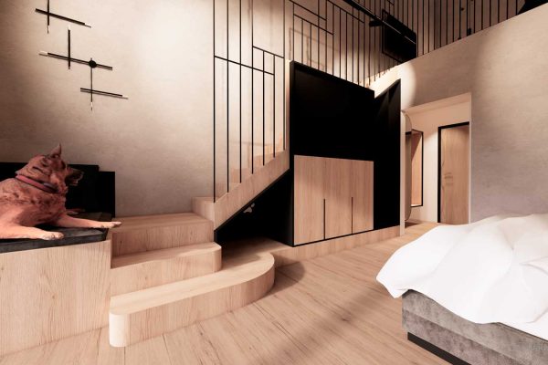 Modernes Galeriezimmer mit gemütlicher Atmosphäre – mit Holztreppe, Doppelbett und entspanntem Hund im Eingangsbereich