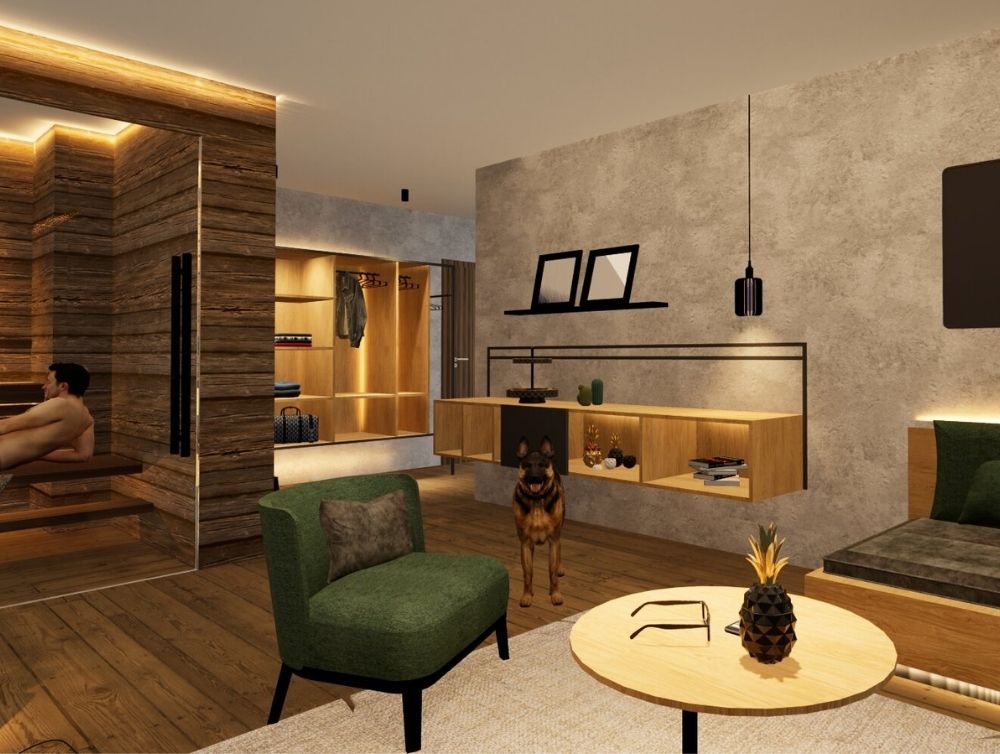 Wohnbereich mit integrierter Sauna in der Suite „Auszeit“.